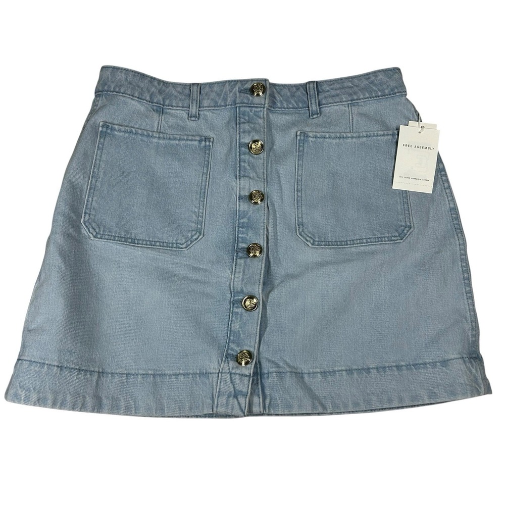 FREE ASSEMBLY Mini Skirt Sz 12 Nautical High Rise Light Wash Gold Button Front